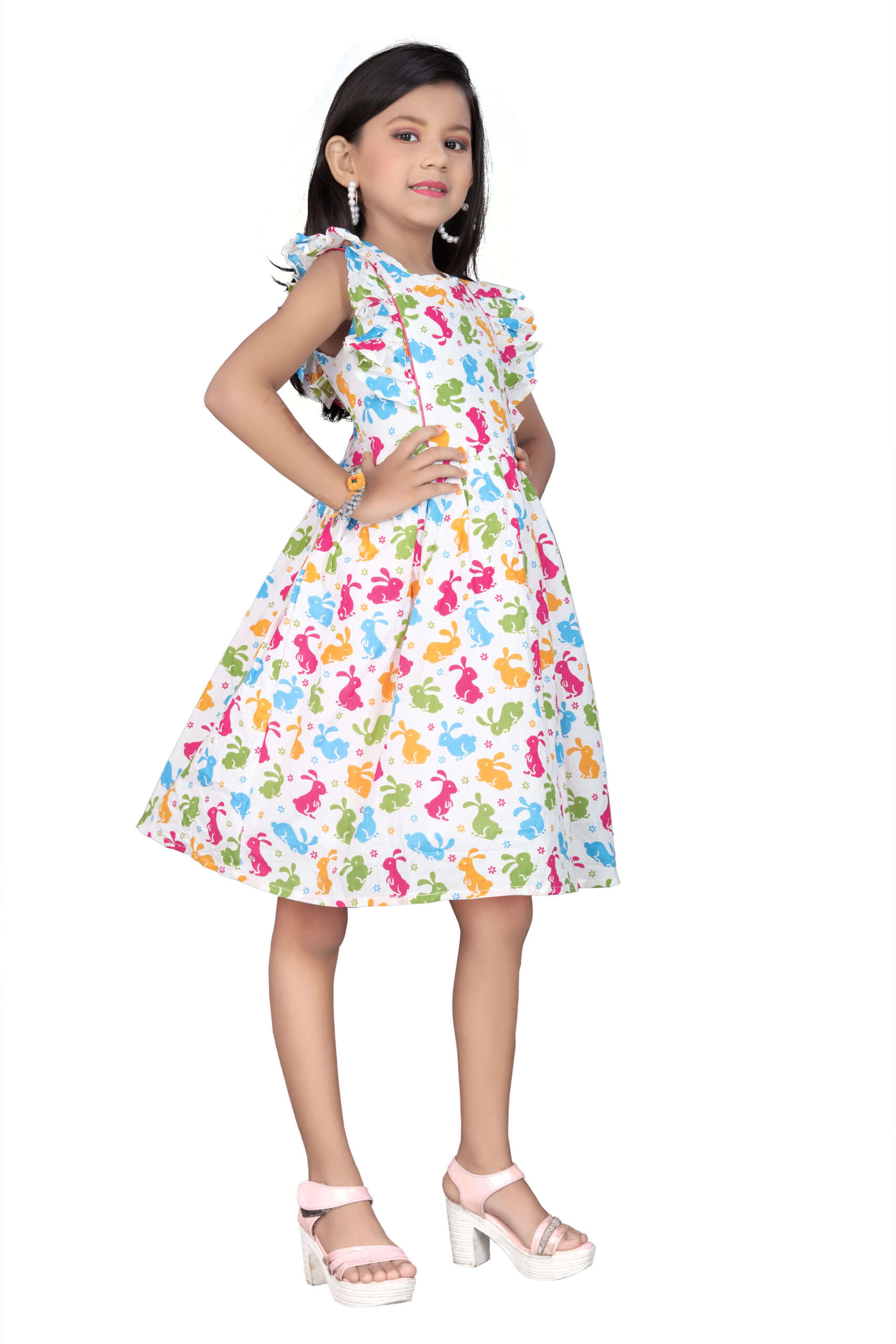 Vishtish Girls' Cotton Frocks | Knee Length | Rabbit Printed - Image 3