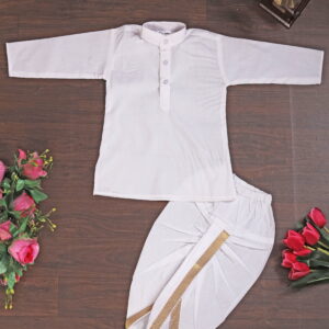 Vishtish boys white cotton dhoti kurta set with mandarin collar and golden border dhoti