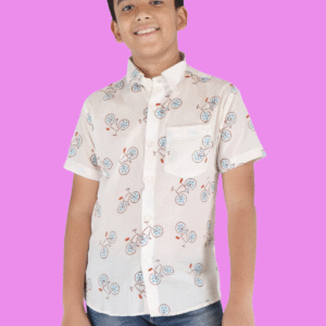 Vishtish Boys Pure Cotton Cycle Printed Shirt – Half Sleeve, Regular Fit, Collared Kids Shirt