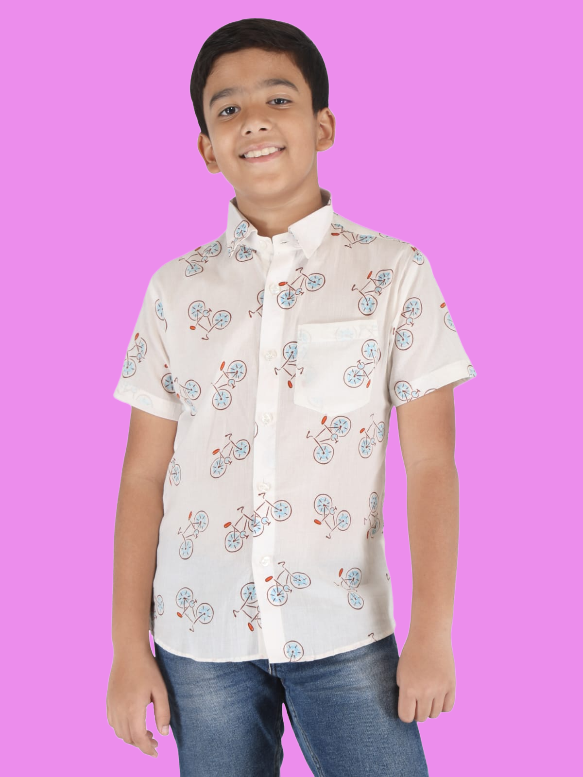 Vishtish Boys Pure Cotton Cycle Printed Shirt – Half Sleeve, Regular Fit, Collared Kids Shirt