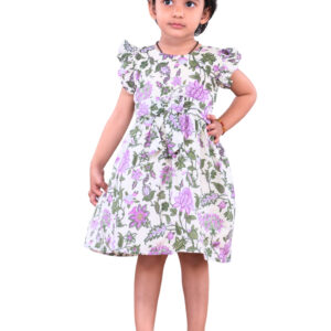 Vishtish Girls' Cotton Frocks | Floral Print | Knee Length | Daily Wear | Lavender - Mehendi Green