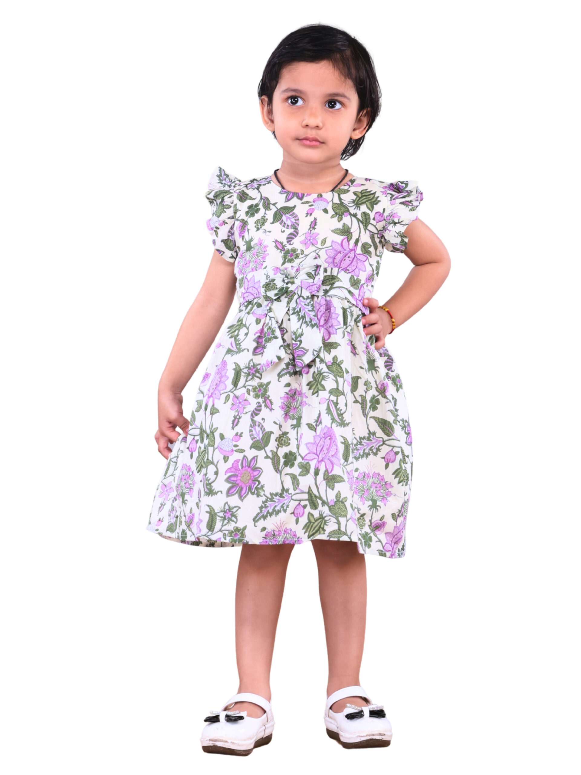 Vishtish Girls' Cotton Frocks | Floral Print | Knee Length | Daily Wear | Lavender - Mehendi Green