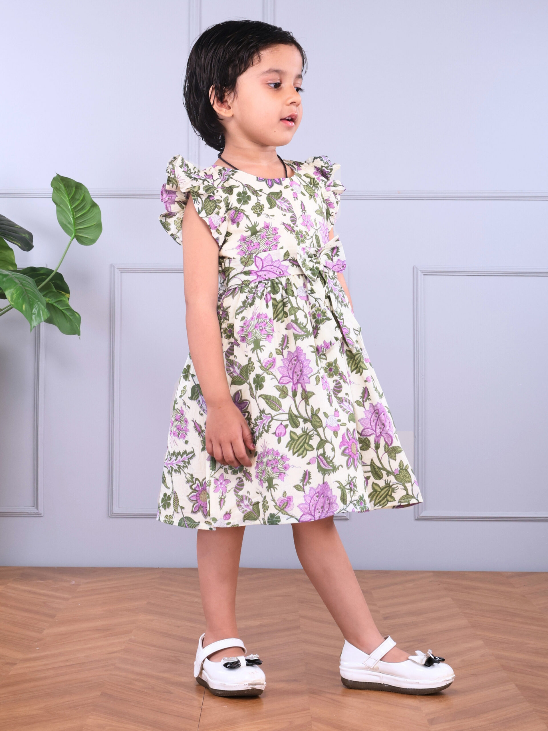 Vishtish Girls' Cotton Frocks | Floral Print | Knee Length | Daily Wear | Lavender - Mehendi Green - Image 3