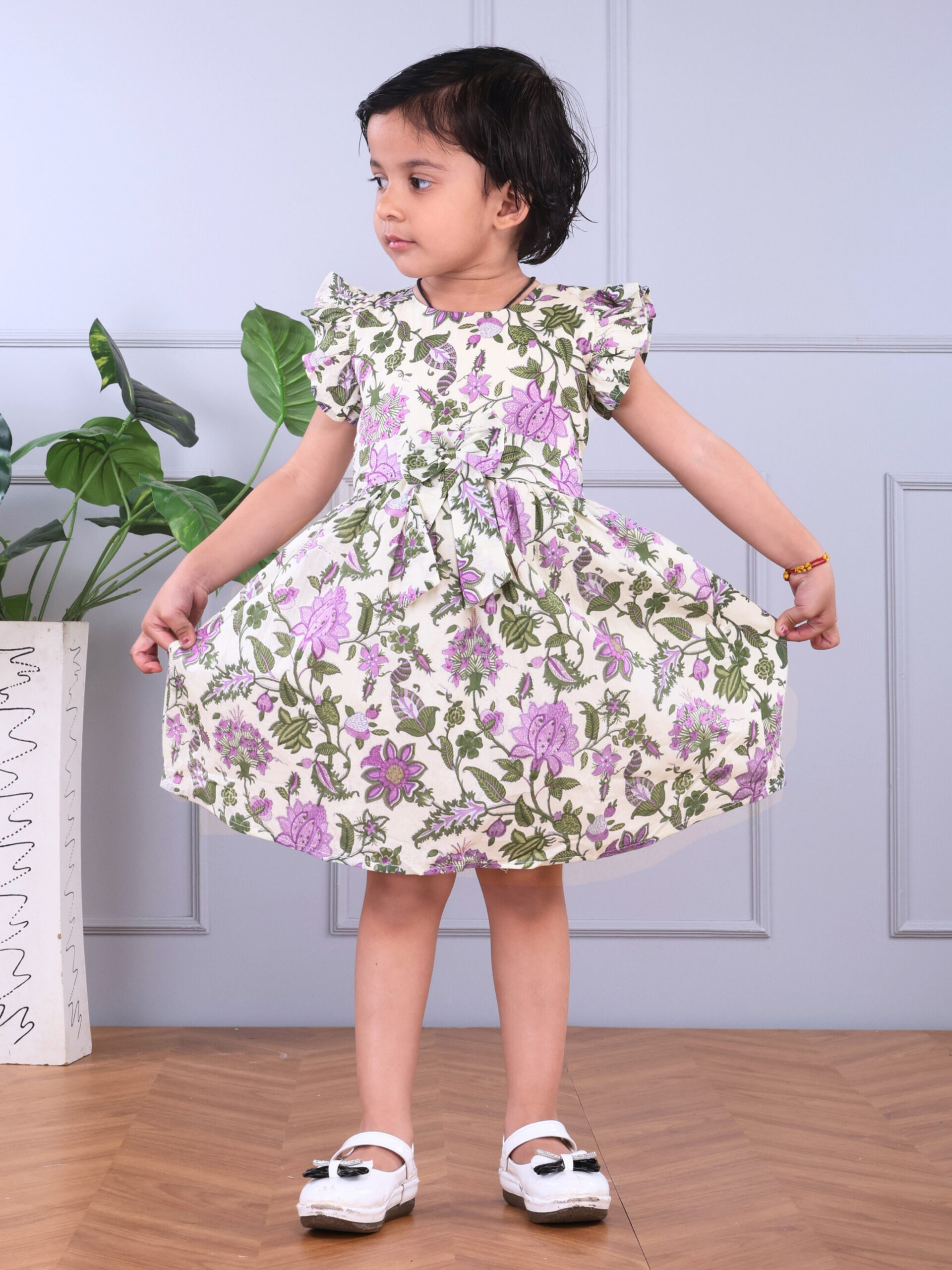 Vishtish Girls' Cotton Frocks | Floral Print | Knee Length | Daily Wear | Lavender - Mehendi Green - Image 4